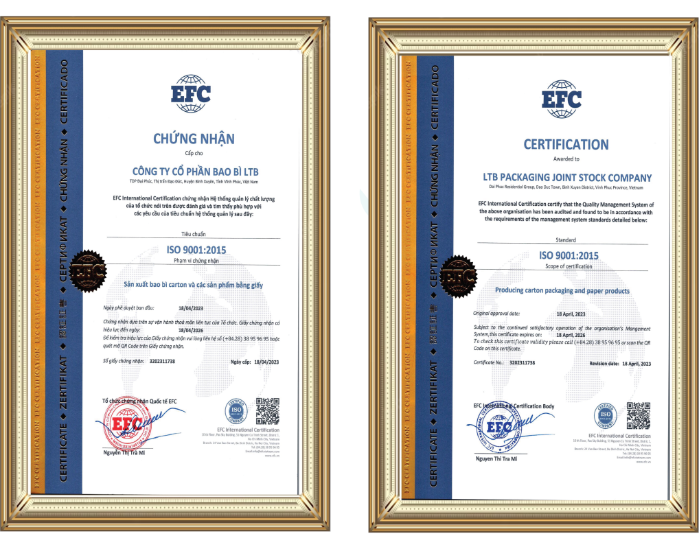 Chứng nhận ISO 9001:2015 - Bao bì LTB